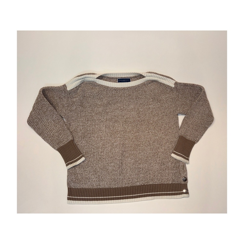 Karen Scott Womens Boat Neck Knit Sweater Taupe Brown Stripe Button Detail S